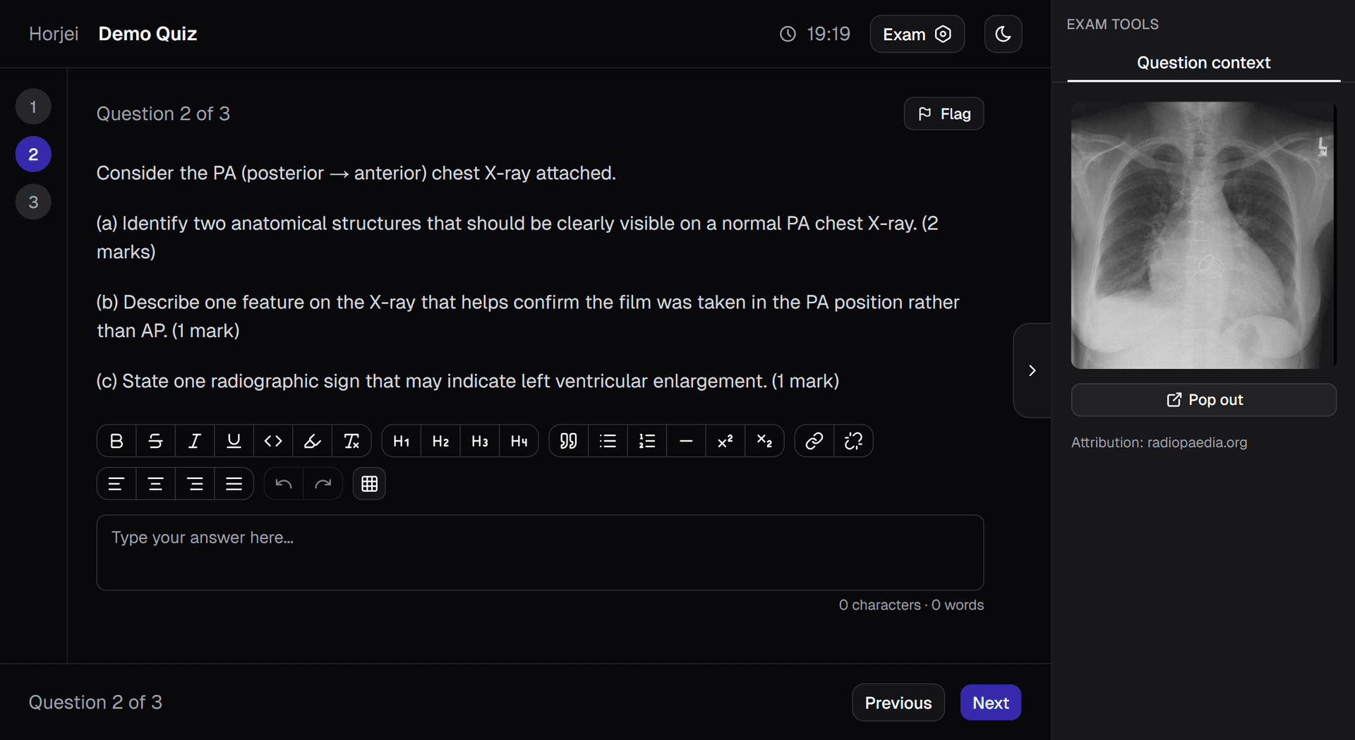 Exam engine interface showing quiz attempt with timer and scoring
