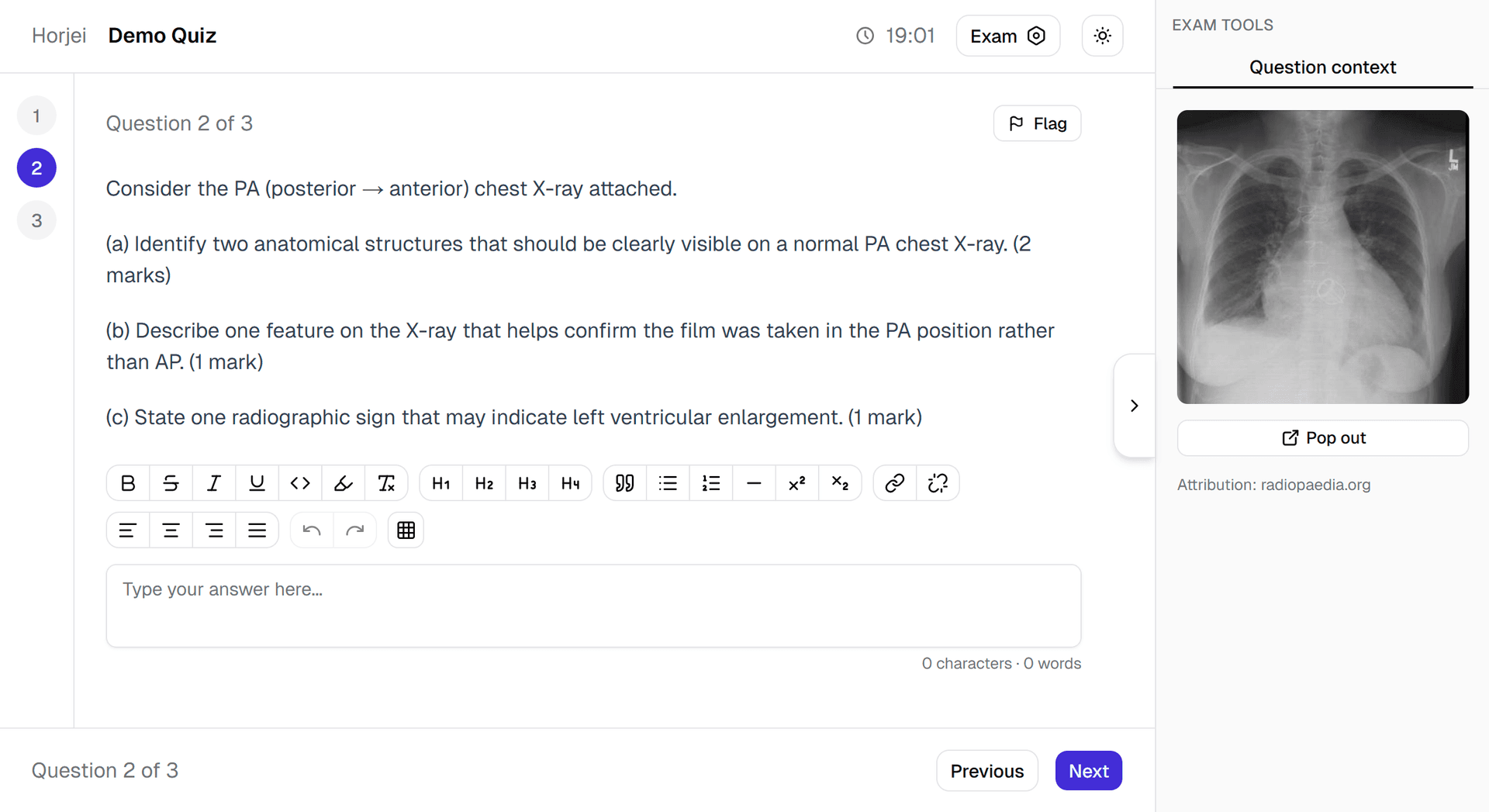 Exam engine interface showing quiz attempt with timer and scoring